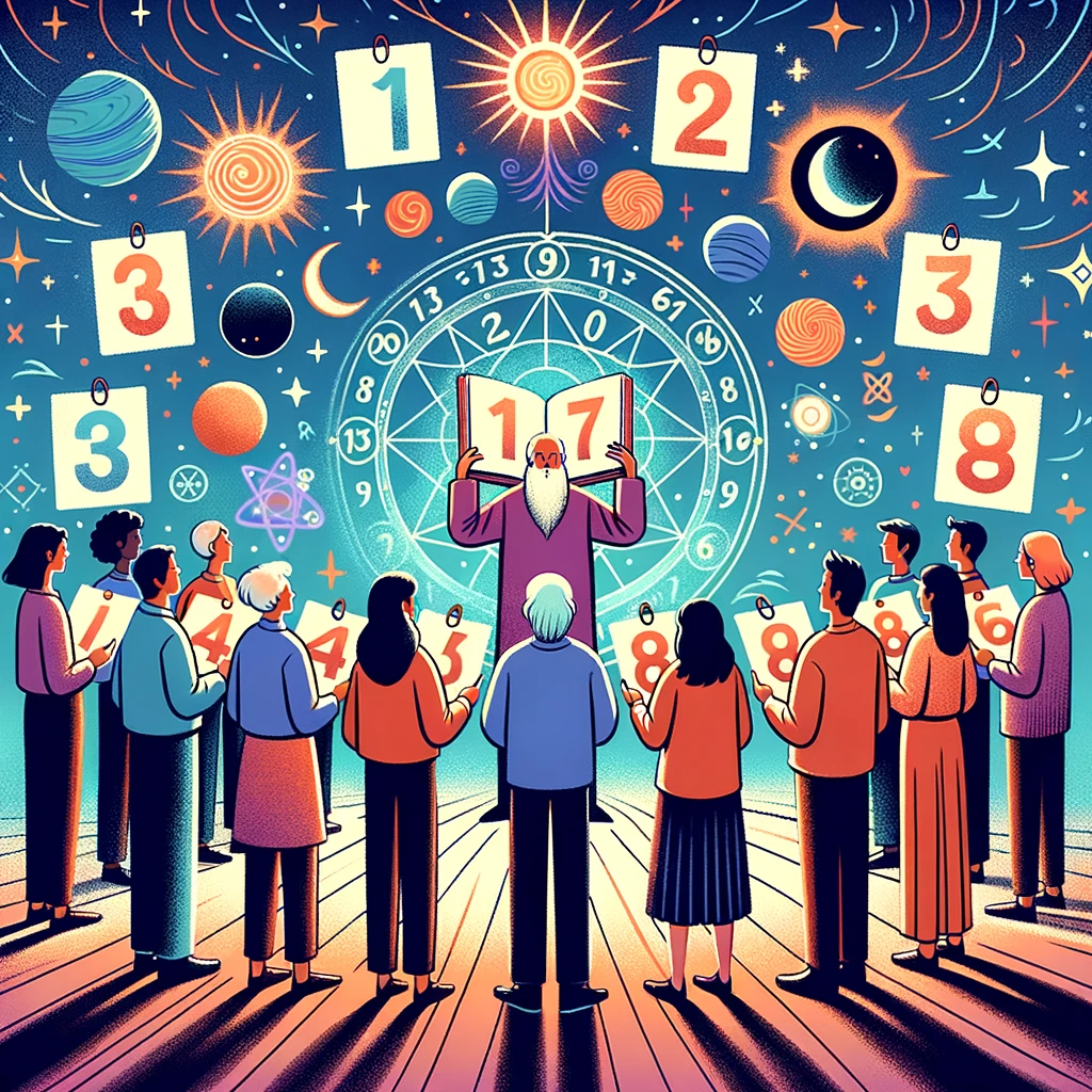 Illustration of a diverse group of people standing in a circle, each holding a large card with a number from 1 to 9.png