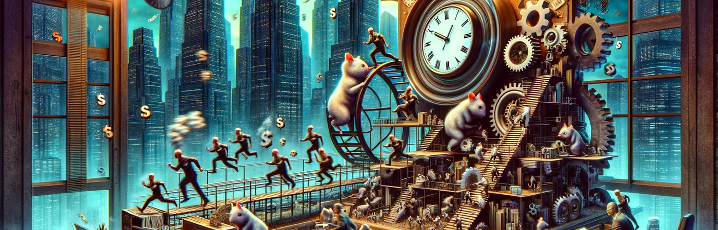 A surreal landscape representing the absurdity of productivity in late-stage capitalism. The scene features a cluttered office space in a dystopian city.